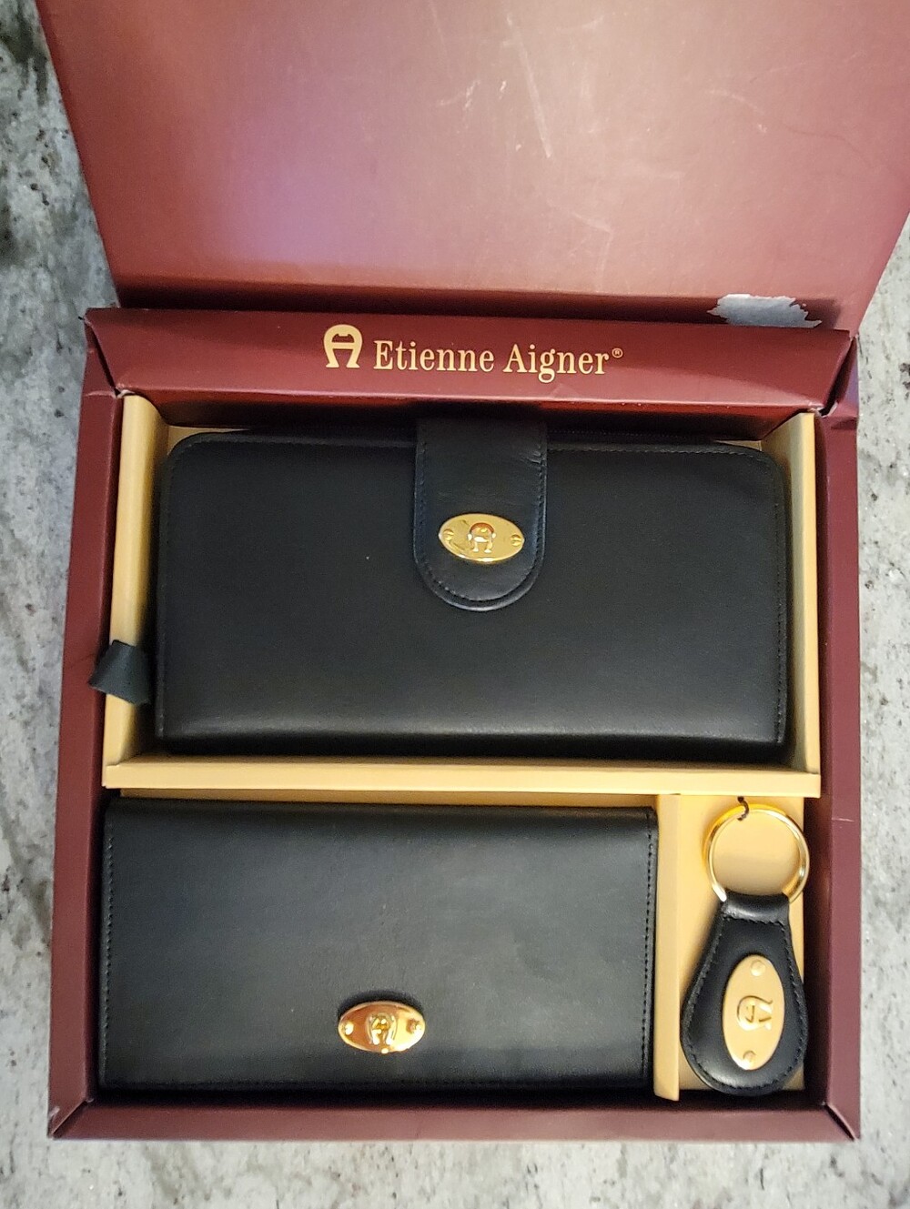 Vintage Etienne Aigner Wallet Set~ Black Leather Clutch 3 Pc Set NEW